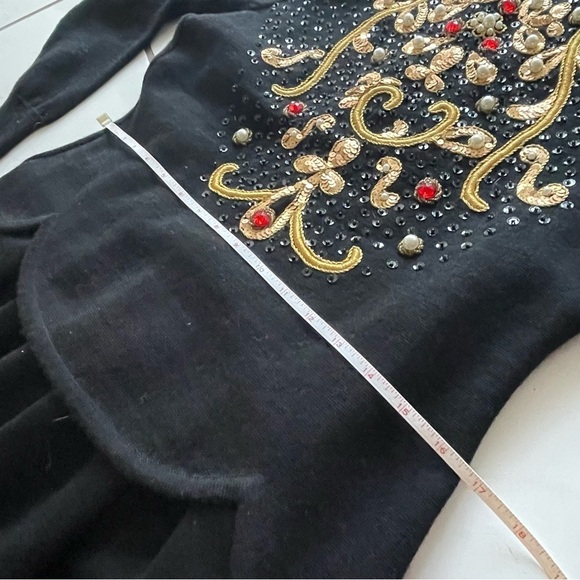 Vintage 80s black wool embellished peplum dress Ciao Ltd stones pearls sequins - Picture 8 of 11